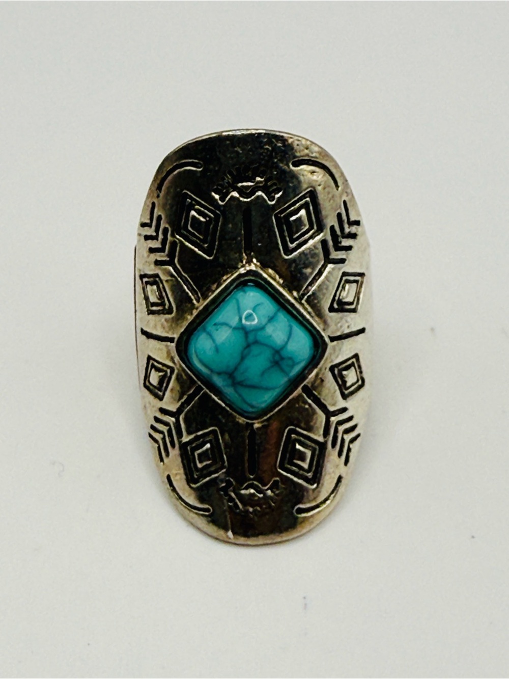 Vintage Southwestern Silver Tone Turquoise Blue Cocktail Statement Ring Size 5.5